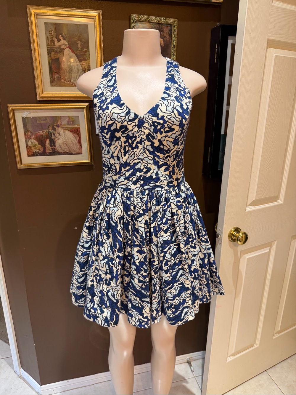 Navy and White Halter Fit-and-Flare Mini Dress